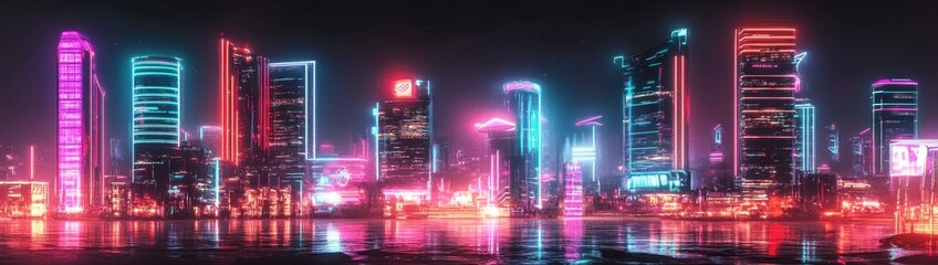 Vivid neon cityscape of the future at night