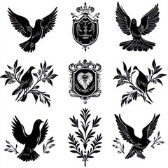 Obraz premium Black and white graphic design featuring doves, lions, and floral elements