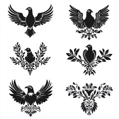 Obraz premium Elegant black birds with decorative branches and leaves in various designs
