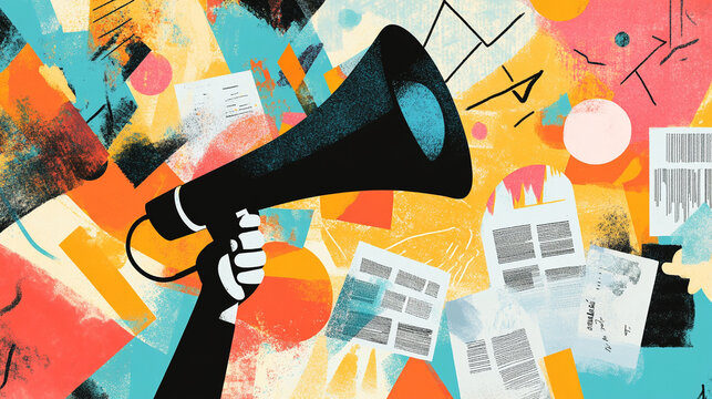 Eye-Catching Megaphone Design with Newspaper and Abstract Elements, Representing News Transmission