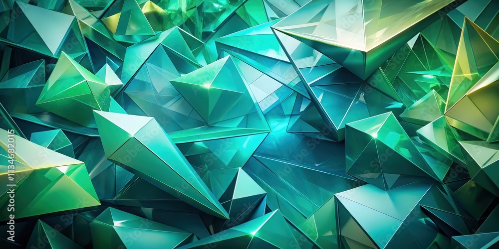 Poster Abstract geometric background with vibrant green and blue metallic shapes, showcasing a dynamic and futuristic composition