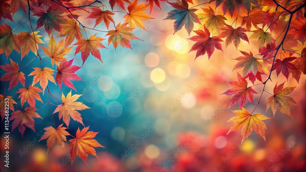 Poster autumnal maple leaves frame a blurred background of warm colors
