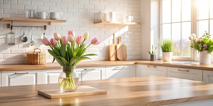 Pink Tulips in a Vase on a Wooden Table in a Kitchen with White Cabinets and a Window with Sunlight