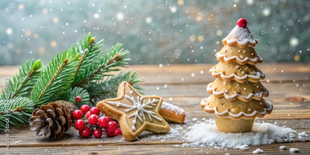 Poster a festive gingerbread christmas tree with a delicate snowflake cookie and pine branches on a wooden 