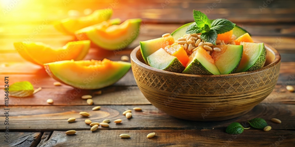 Poster Refreshing melon slices with pine nuts and mint in a wooden bowl on a rustic table