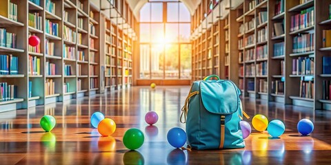 A Serene Library Scene with a Blue Backpack and Colorful Balloons in Long Exposure, Capturing a Whimsical Atmosphere of Creativity and Learning