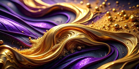 Obraz premium A shimmering wave of gold liquid swirls over a deep purple surface with glittering dust and scattered spheres of pure gold.