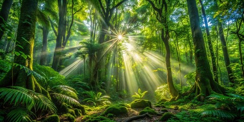A Serene Long Exposure Capture of a Lush Green Jungle with Sunlight Filtering Through the Canopy, Emphasizing Nature&rsquo;s Vibrancy and Tranquility in an Enchanting Landscape