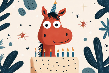 Illustration of a cartoon horse with a birthday hat and candles on a cake surrounded by festive decorative elements
