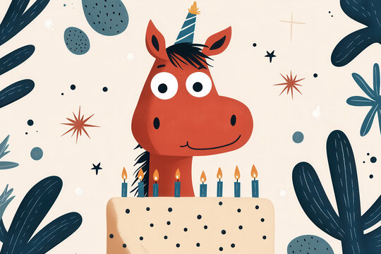 Illustration of a cartoon horse with a birthday hat and candles on a cake surrounded by festive decorative elements