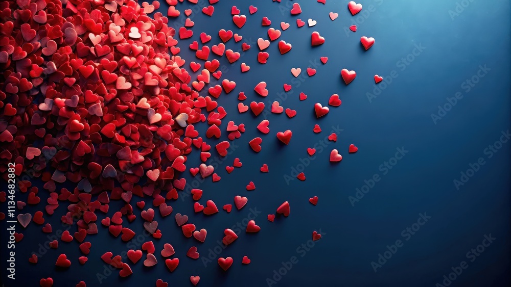 Poster red hearts cascading on a navy blue background, creating a romantic and festive backdrop for valenti