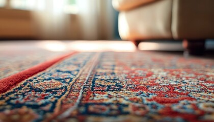 Naklejka premium Detailed Close Up Of Ornate Red And Blue Carpet