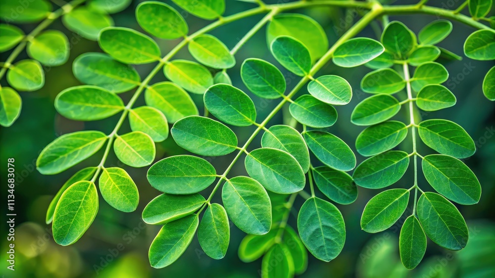 Poster A close-up view of delicate green leaves arranged in a symmetrical pattern on a branch, showcasing the intricate details of nature's design