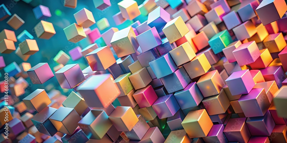 Poster A colorful and abstract composition of metallic cubes, each reflecting light in a unique way, creating a sense of depth and movement.