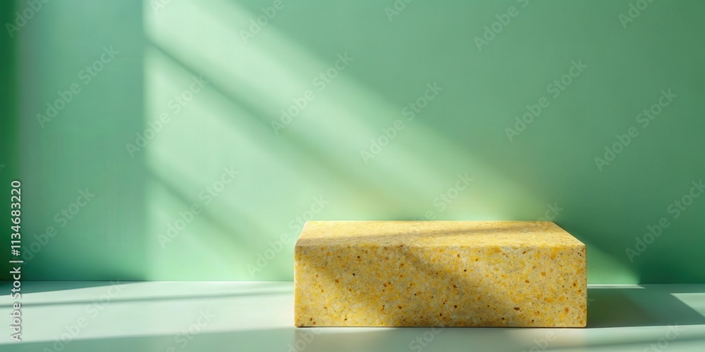 Aufkleber a minimalist stone platform with a green wall backdrop and sunlight streaming through a window casti