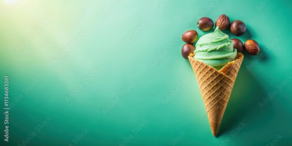 Aufkleber A Single Scoop of Green Ice Cream in a Waffle Cone Surrounded by Nuts on a Teal Background