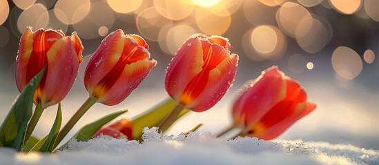 Fototapeta premium Bright tulip flowers breaking through the snow, with a dreamy bokeh effect and shimmering detail, heralding the arrival of spring.