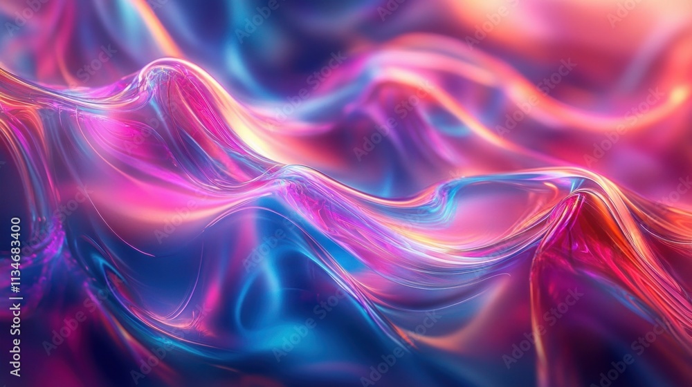 Poster holographic waves of fluid neon light with reflective patterns and textures in a dreamlike abstract 