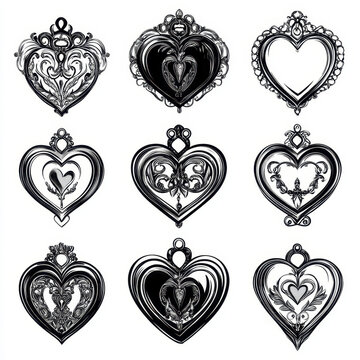 Intricate heart locket designs in black and white, perfect for romantic themes