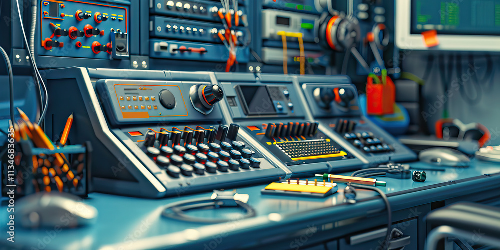 Poster close-up of a multi-functional control panel with associated equipment