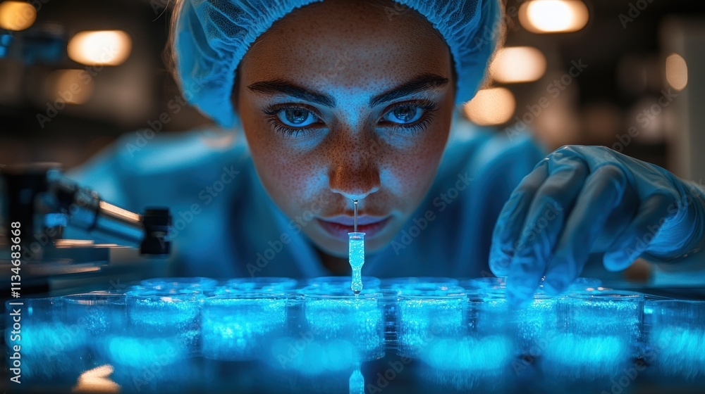 Poster a focused scientist conducting experiments with glowing samples in a laboratory setting.