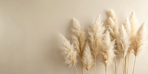 A cluster of pampas grass against a light beige backdrop, showcasing their fluffy texture and delicate elegance.