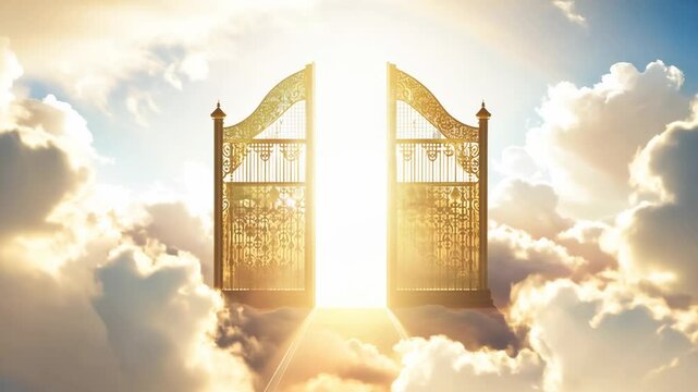 Open golden gates of Paradise against white clouds. Entrance to the afterlife for the righteous. The entrance to Paradise is adorned with golden gates and fluffy clouds.