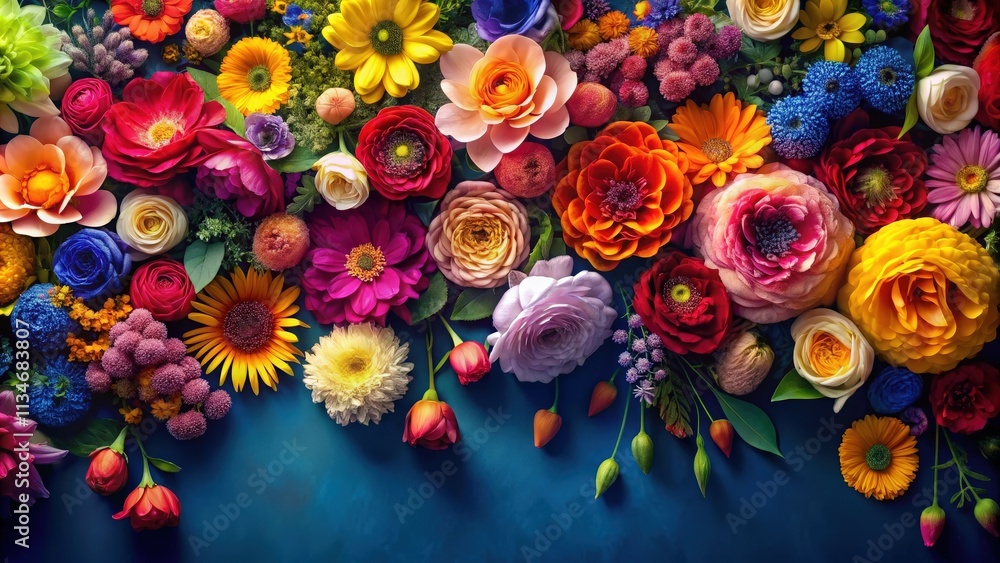 Aufkleber a vibrant arrangement of colorful flowers on a deep blue background, featuring a variety of textures