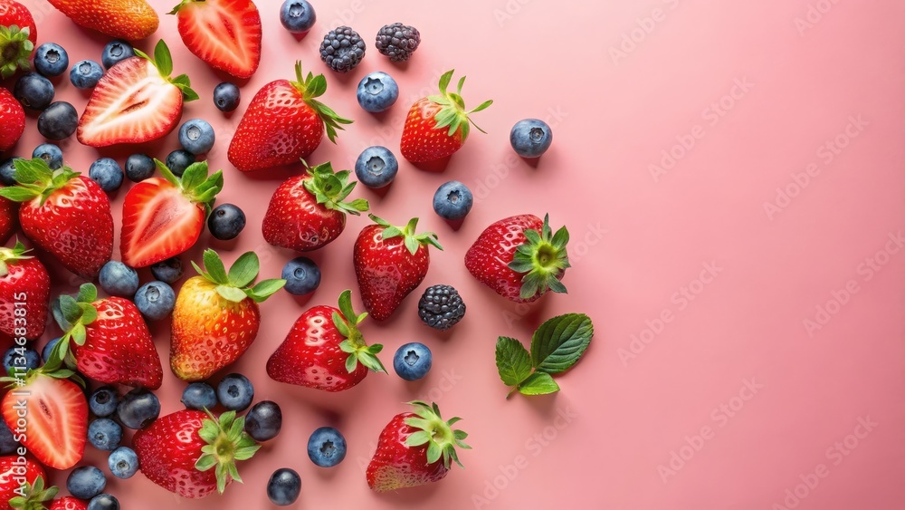 Poster a cluster of ripe red strawberries and dark blue blueberries scattered on a pale pink background, cr