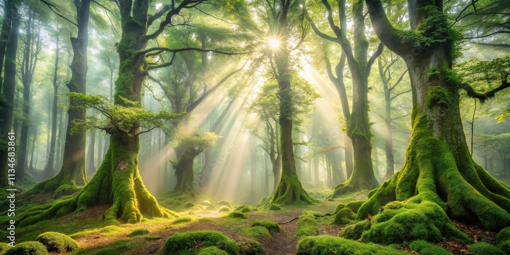 Poster Sunbeams Filtering Through a Misty Forest Canopy, Illuminating the Lush Green Foliage and Moss-Covered Tree Trunks