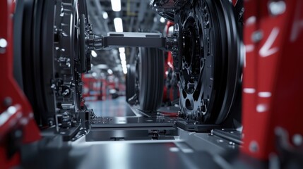 Fototapeta premium Airplane wheel compartment with mechanical components and hydraulic systems, essential for safe landing and takeoff. Precision engineering and aviation safety concepts.