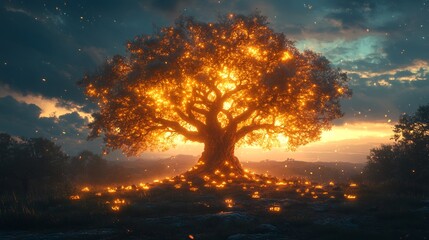 Fototapeta premium Illustrated Clovis sacred tree tied offerings of carved wooden amulets stones animal parts representing prayers and wishes the tree glowing with symbolic significance against a twilight sky