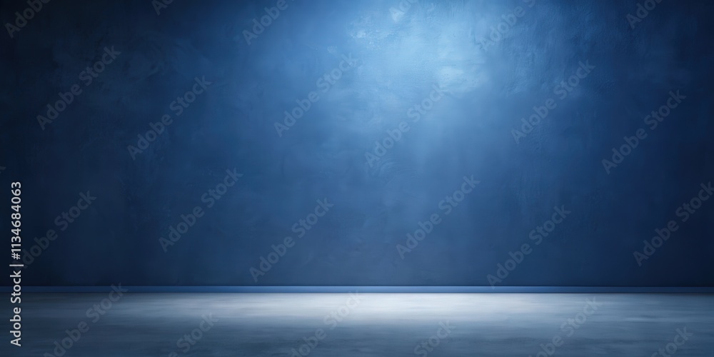 Poster A single spotlight illuminates the center of a textured blue wall, casting a soft glow on the empty concrete floor, creating a minimalist and dramatic backdrop for any composition.