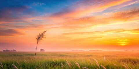 A solitary stalk of grass stands tall against a vibrant orange and blue sunset, a testament to nature's enduring beauty and the fleeting nature of time.