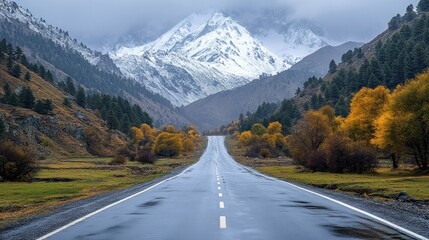 Fototapeta premium A serene road leads through a picturesque mountain landscape with autumn foliage.