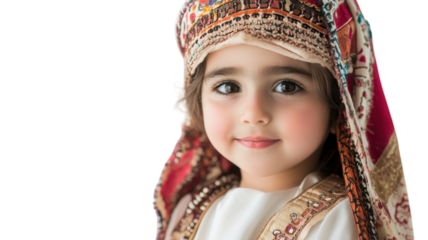 A Child in Traditional Middle Eastern Attire: A Vibrant Representation of Culture and Heritage for Educational and Artistic Use.