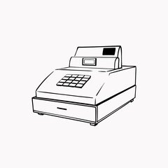 Minimalist cash register drawing captures essential retail elements. Simple line art shows display screen and keypad details. Concept: Retail Business, Point of Sale, Commerce