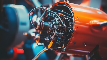 Fototapeta premium Airplane wheel compartment with mechanical components and hydraulic systems, essential for safe landing and takeoff. Precision engineering and aviation safety concepts.