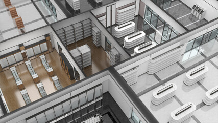 Isometric top view of shopping mall floor with shops. 3d illustration