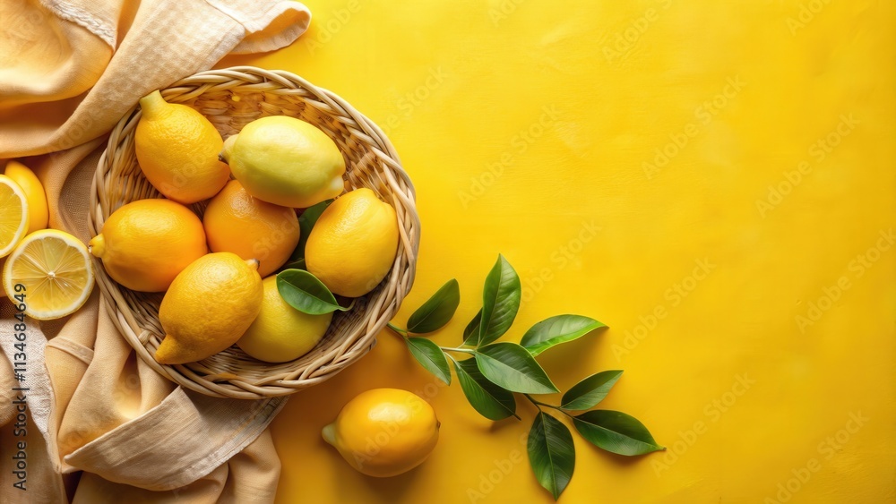 Poster a wicker basket filled with ripe lemons, accented with vibrant green leaves, rests upon a bright yel
