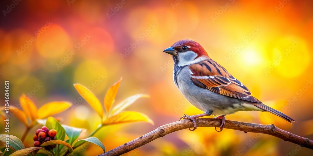 Poster a sparrow perched gracefully on a branch with blurred background and ample copy space for nature-the