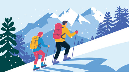 Distant View of Hikers in Snowy Winter Landscape - Vector Illustration