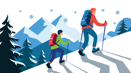 Distant View of Hikers in Snowy Winter Landscape - Vector Illustration