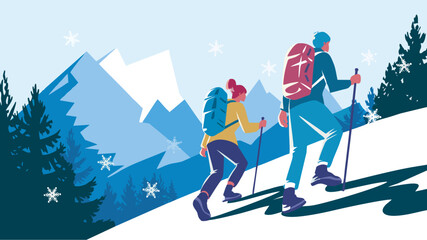 Distant View of Hikers in Snowy Winter Landscape - Vector Illustration