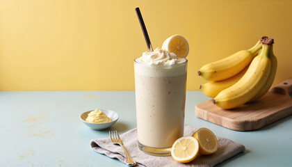 A creamy banana smoothie topped with whipped cream and lemon slices, served in a tall glass with bananas