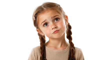 Young girl with pigtails shows a puzzled expression while standing against a neutral background during daylight hours.