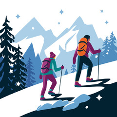 Distant View of Hikers in Snowy Winter Landscape - Vector Illustration