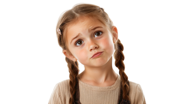 Young girl with pigtails shows a puzzled expression while standing against a neutral background during daylight hours. - Powered by Adobe