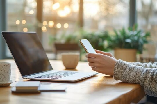 Asian Woman Working on Laptop and Smartphone in Bright Cafe Environment