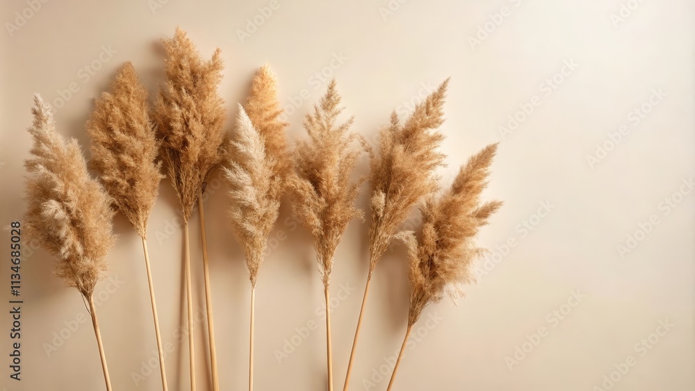 Poster a row of fluffy pampas grass stalks arranged in a modern minimalist style on a pale beige backdrop.